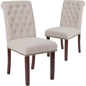 image:imageFlash Furniture HERCULES Series Brown LeatherSoft Parsons Chair with Rolled Back Accent Nail Trim and Walnut FinishBeige Fabric