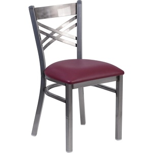 image:imageFlash Furniture HERCULES Series Clear Coated X Back Metal Restaurant Chair  Mahogany Wood SeatBurgundy Vinyl SeatClear Coated Metal Frame