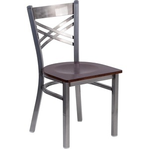 image:imageFlash Furniture HERCULES Series Clear Coated X Back Metal Restaurant Chair  Mahogany Wood SeatWalnut Wood SeatClear Coated Metal Frame