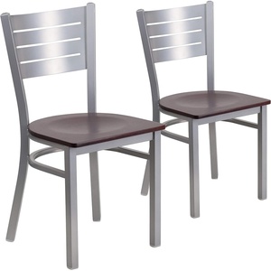 image:imageFlash Furniture HERCULES Series Silver Slat Back Metal Restaurant Chair  Black Vinyl SeatMahogany Wood SeatSilver Frame
