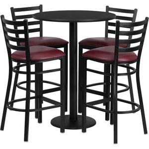 image:imageFlash Furniture Jamie 30 Round Mahogany Laminate Table Set with Round Base and 4 Ladder Back Metal Barstools  Black Vinyl SeatBlack TopBurgundy Vinyl Seat