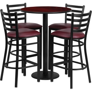 image:imageFlash Furniture Jamie 30 Round Mahogany Laminate Table Set with Round Base and 4 Ladder Back Metal Barstools  Black Vinyl SeatMahogany TopBurgundy Vinyl Seat