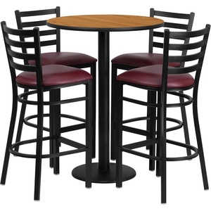 image:imageFlash Furniture Jamie 30 Round Mahogany Laminate Table Set with Round Base and 4 Ladder Back Metal Barstools  Black Vinyl SeatNatural TopBurgundy Vinyl Seat