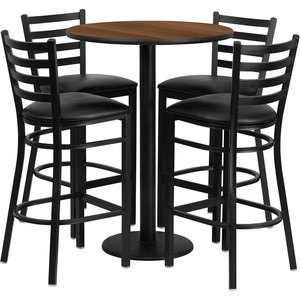 image:imageFlash Furniture Jamie 30 Round Mahogany Laminate Table Set with Round Base and 4 Ladder Back Metal Barstools  Black Vinyl SeatWalnut TopBlack Vinyl Seat