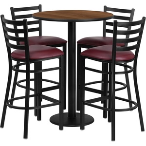 image:imageFlash Furniture Jamie 30 Round Mahogany Laminate Table Set with Round Base and 4 Ladder Back Metal Barstools  Black Vinyl SeatWalnut TopBurgundy Vinyl Seat