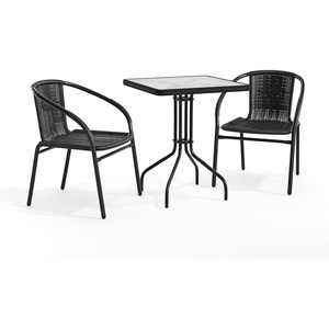 image:imageFlash Furniture Lila 235 Square Glass Metal Table with 2 Black Rattan Stack Chairs