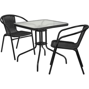 image:imageFlash Furniture Lila 3Piece 28 Square IndoorOutdoor Patio Table and Chairs Set Glass Metal Bistro Table and 2 Stacking Rattan Chairs BrownClearBlack