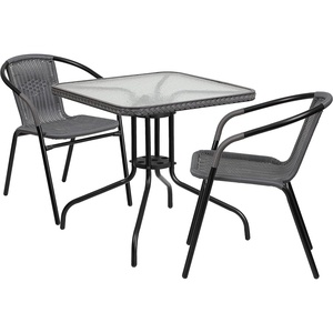image:imageFlash Furniture Lila 3Piece 28 Square IndoorOutdoor Patio Table and Chairs Set Glass Metal Bistro Table and 2 Stacking Rattan Chairs BrownClearGray