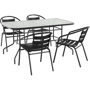 image:imageFlash Furniture Lila 7Piece Glass Patio Table and Chairs Set Outdoor Patio Dining Set with Rectangular Table and 6 Slat Back Patio Chairs Black5 Piece Set