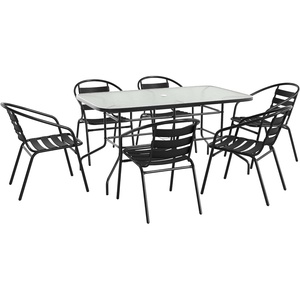 image:imageFlash Furniture Lila 7Piece Glass Patio Table and Chairs Set Outdoor Patio Dining Set with Rectangular Table and 6 Slat Back Patio Chairs Black7 Piece Set