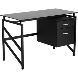 image:imageFlash Furniture Singleton Glass Desk with Two Drawer PedestalBlack