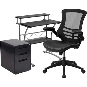 image:imageFlash Furniture Work From Home Kit  Black Computer Desk Ergonomic MeshLeatherSoft Office Chair and Locking Mobile Filing Cabinet