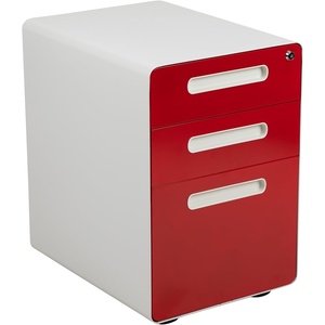 image:imageFlash Furniture Wren Ergonomic 3Drawer Mobile Locking Filing Cabinet with AntiTilt Mechanism and Hanging Drawer for Legal amp Letter Files WhiteWhite and Red