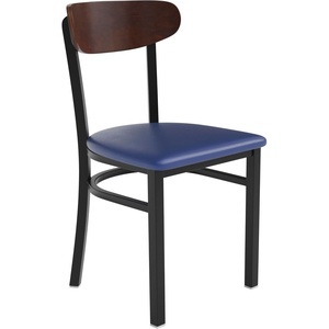 image:imageFlash Furniture Wright Commercial Dining Chair  Walnut Finish Wood Boomerang Back  Black Vinyl Seat  500 LB Capacity Black Steel Frame  Integrated FootrestWalnut Wood BackBlue Vinyl Seat