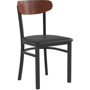 image:imageFlash Furniture Wright Commercial Dining Chair  Walnut Finish Wood Boomerang Back  Black Vinyl Seat  500 LB Capacity Black Steel Frame  Integrated FootrestWalnut Wood BackBlack Vinyl Seat