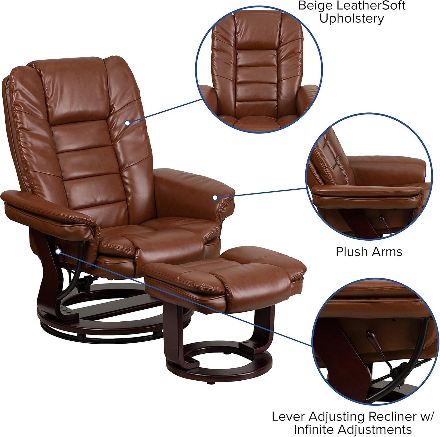 image:imageFlash Furniture Bali Contemporary MultiPosition LeatherSoft Recliner Chair with Ottoman 360Degree Swivel Recliner ChairOttoman Set BeigeBrown Vintage