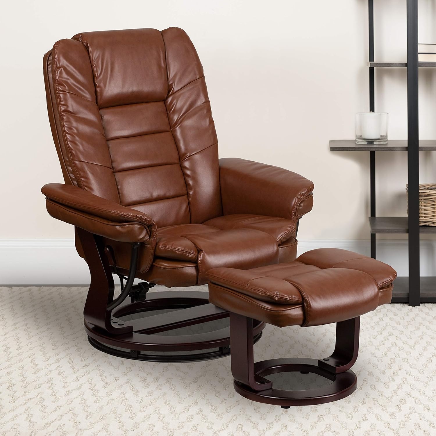 image:imageFlash Furniture Bali Contemporary MultiPosition LeatherSoft Recliner Chair with Ottoman 360Degree Swivel Recliner ChairOttoman Set BeigeBrown Vintage