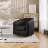 image:imageFlash Furniture Dean Upholstered Barrel Chair Commercial 360 Swivel Club Style Chair Sloped Armrests Woodgrain Vinyl Wrapped Metal Base Cream FabricBlack Leathersoft