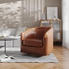 image:imageFlash Furniture Dean Upholstered Barrel Chair Commercial 360 Swivel Club Style Chair Sloped Armrests Woodgrain Vinyl Wrapped Metal Base Cream FabricBrown Leathersoft