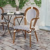image:imageFlash Furniture Lourdes IndoorOutdoor Commercial Thonet Bistro Stack Chair  Arms  WhiteGray PE Rattan Back and Seat  NAT Bamboo Print Metal Frame  2 PKWhite  NavyNatural Frame