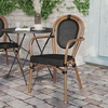 image:imageFlash Furniture Marseille IndoorOutdoor Commercial Bistro Stack Chair  Curved Arms  Black Textilene Back and Seat  Natural Bamboo Print Metal FrameBlackNatural Frame