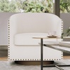 image:imageFlash Furniture Myles Upholstered Barrel Chair Commercial 360 Swivel Club Style Chair Nail Head Trim Brushed Metallic Vinyl Wrapped Metal Base Black LeatherSoftCream Boucle