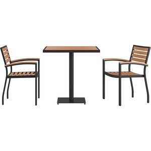 image:imageFlash Furniture 3 Piece Patio Dining Table Set  IndoorOutdoor Black Steel Framed 30 Square Faux Teak Table  2 Stacking Club Chairs with Teak Accented Arms