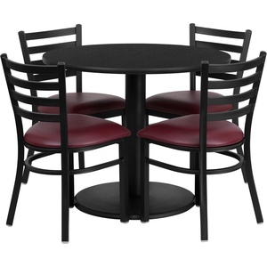 image:imageFlash Furniture 36 Round Black Laminate Table Set with Round Base and 4 Ladder Back Metal Chairs  Black Vinyl SeatBlack TopBurgundy Vinyl Seat