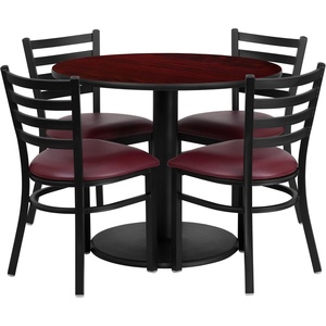 image:imageFlash Furniture 36 Round Black Laminate Table Set with Round Base and 4 Ladder Back Metal Chairs  Black Vinyl SeatMahogany TopBurgundy Vinyl Seat