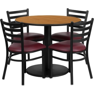 image:imageFlash Furniture 36 Round Black Laminate Table Set with Round Base and 4 Ladder Back Metal Chairs  Black Vinyl SeatNatural TopBurgundy Vinyl Seat