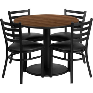 image:imageFlash Furniture 36 Round Black Laminate Table Set with Round Base and 4 Ladder Back Metal Chairs  Black Vinyl SeatWalnut TopBlack Vinyl Seat
