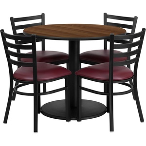 image:imageFlash Furniture 36 Round Black Laminate Table Set with Round Base and 4 Ladder Back Metal Chairs  Black Vinyl SeatWalnut TopBurgundy Vinyl Seat