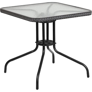 image:imageFlash Furniture Barker 28 Square Tempered Glass Metal Table with Dark Brown Rattan EdgingClear TopGray Rattan