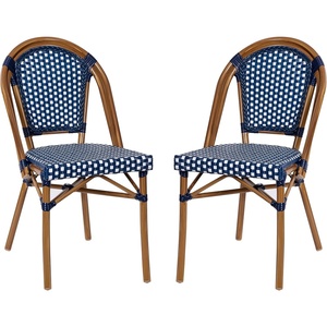 image:imageFlash Furniture Bordeaux Set of 2 IndoorOutdoor Commercial Bistro Stack Chairs  NavyWhite PE Rattan Back and Seat  Natural Bamboo Print Aluminum FrameNavy  WhiteNatural Frame