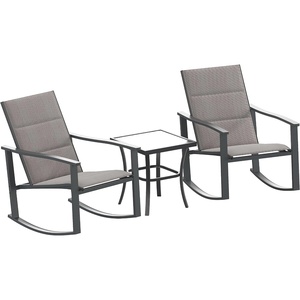 image:imageFlash Furniture Brazos 3 Piece Outdoor Rocking Chair Bistro Set with Flex Comfort Material and Metal Framed Glass Top Table BlackBlackGrey