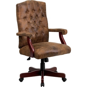 image:imageFlash Furniture Derrick Traditional Microfiber Tufted Swivel Office Chair with Wood Base Ergonomic Farmhouse HighBack Desk Chair Bomber BrownBomber Brown Microfiber