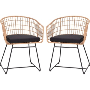 image:imageFlash Furniture Devon Set of 2 Patio Boho Club Chairs  Rope with Natural Finish PE Wicker Rattan  Black Seat Cushions and Sled Base  IndoorOutdoor Use