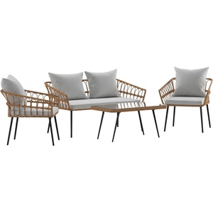 image:imageFlash Furniture Evin Boho 4 Piece Patio Conversation Set  Natural Rope Rattan  Cream AllWeather Cushions  Tempered Glass Top Coffee Table  IndoorOutdoorNaturalGray