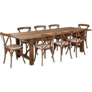 image:imageFlash Furniture HERCULES Series 9 x 40 Antique Rustic Folding Farm Table Set with 8 Cross Back Chairs and Cushions