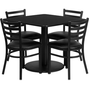 image:imageFlash Furniture Jamie 36 Square Black Laminate Table Set with Round Base and 4 Ladder Back Metal Chairs  Black Vinyl SeatBlack TopBlack Vinyl Seat