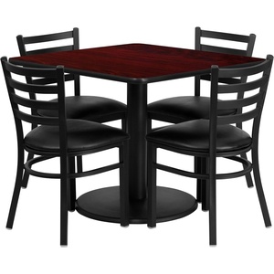 image:imageFlash Furniture Jamie 36 Square Black Laminate Table Set with Round Base and 4 Ladder Back Metal Chairs  Black Vinyl SeatMahogany TopBlack Vinyl Seat
