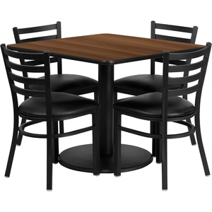 image:imageFlash Furniture Jamie 36 Square Black Laminate Table Set with Round Base and 4 Ladder Back Metal Chairs  Black Vinyl SeatWalnut TopBlack Vinyl Seat