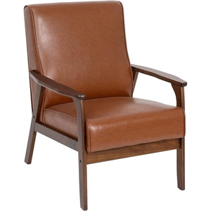 image:imageFlash Furniture Langston Commercial Mid Century Modern Chair  Gray Faux Linen Upholstery  Walnut Finish Wooden Frame and Arms  Extra Supportive Sinuous SpringsCognac Leathersoft