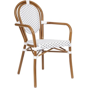 image:imageFlash Furniture Lourdes IndoorOutdoor Commercial Thonet Bistro Stack Chair  Arms  WhiteGray PE Rattan Back and Seat  NAT Bamboo Print Metal Frame  2 PKWhite  GrayNatural Frame