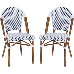 image:imageFlash Furniture Lourdes Set of 2 IndoorOutdoor Commercial Bistro Stack Chairs  WhiteGray PE Rattan Back and Seat  Natural Bamboo Print Aluminum FrameWhite  NavyNatural Frame