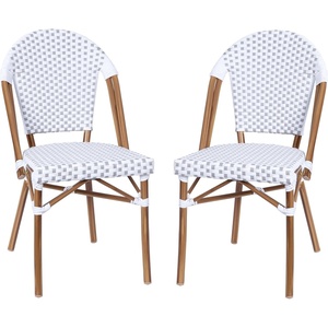 image:imageFlash Furniture Lourdes Set of 2 IndoorOutdoor Commercial Bistro Stack Chairs  WhiteGray PE Rattan Back and Seat  Natural Bamboo Print Aluminum FrameWhite  GrayNatural Frame