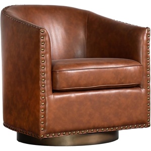 image:imageFlash Furniture Myles Upholstered Barrel Chair Commercial 360 Swivel Club Style Chair Nail Head Trim Brushed Metallic Vinyl Wrapped Metal Base Black LeatherSoftBrown
