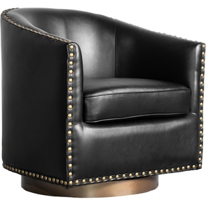 image:imageFlash Furniture Myles Upholstered Barrel Chair Commercial 360 Swivel Club Style Chair Nail Head Trim Brushed Metallic Vinyl Wrapped Metal Base Black LeatherSoftBlack
