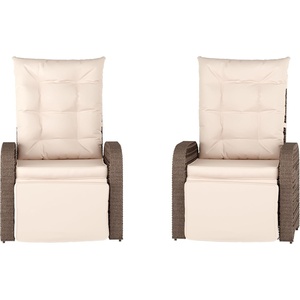 image:imageFlash Furniture Nemo IndoorOutdoor Patio Wicker Rattan Recliner Lounge Chair with FlipUp Side Table Set of 2 BeigeBrownBeige CushionsBrown Frame