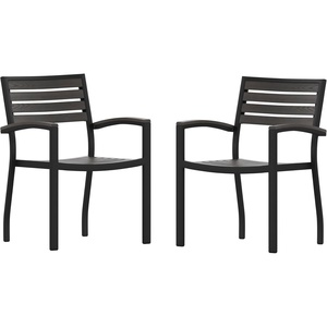 image:imageFlash Furniture Stackable Aluminum Patio Chair  AllWeather Black Framed Side Chair with Faux Teak Slats  Commercial Grade  Set of 2Grey